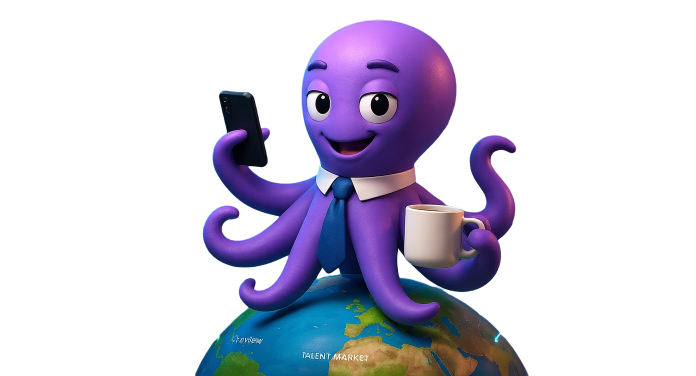 Noko, FutureFit Academy's purple networking octopus mascot, standing on a globe