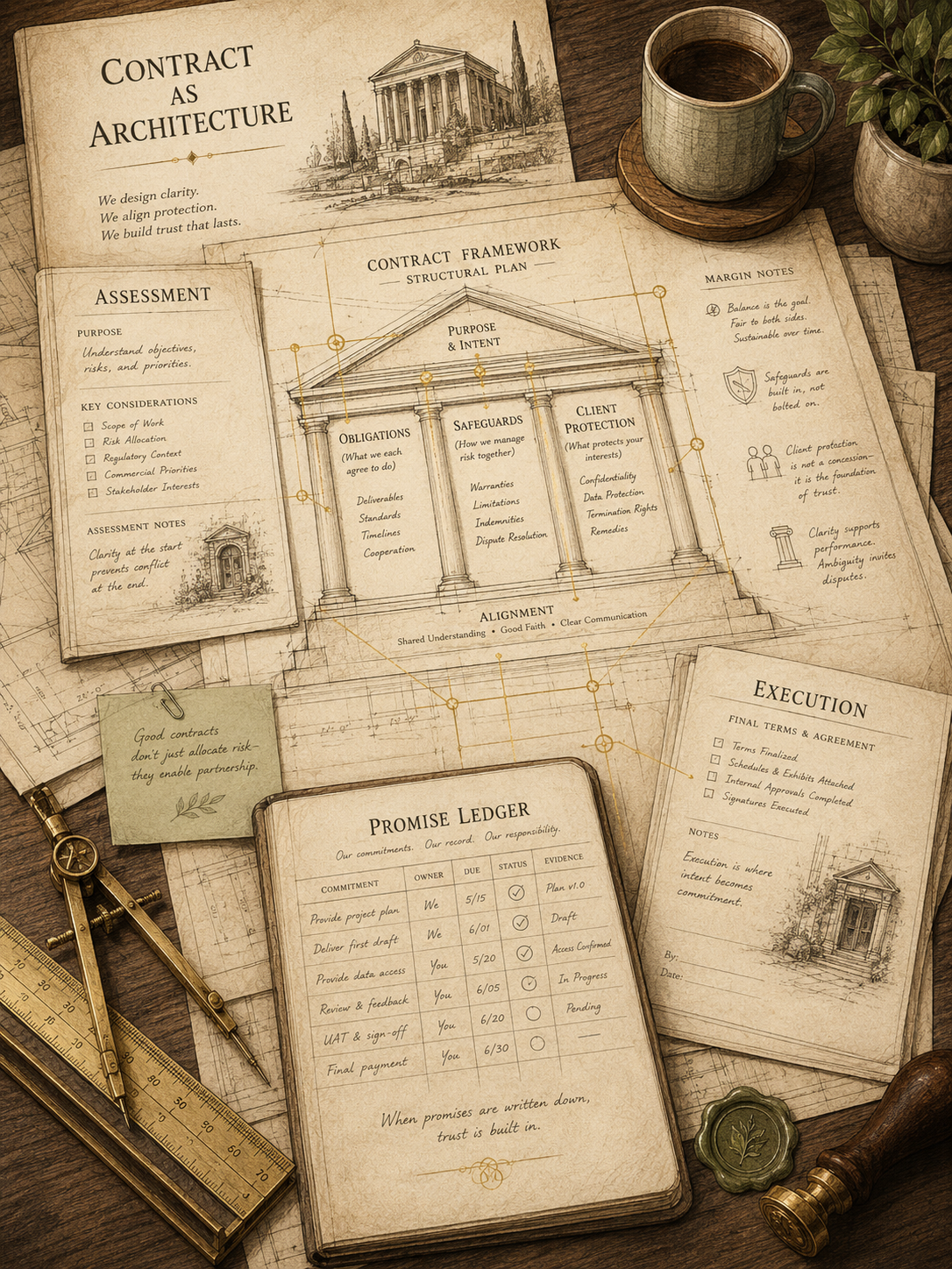 Layered contract plans, assessment notes, execution documents, promise ledger, compass, and safeguards arranged on parchment.