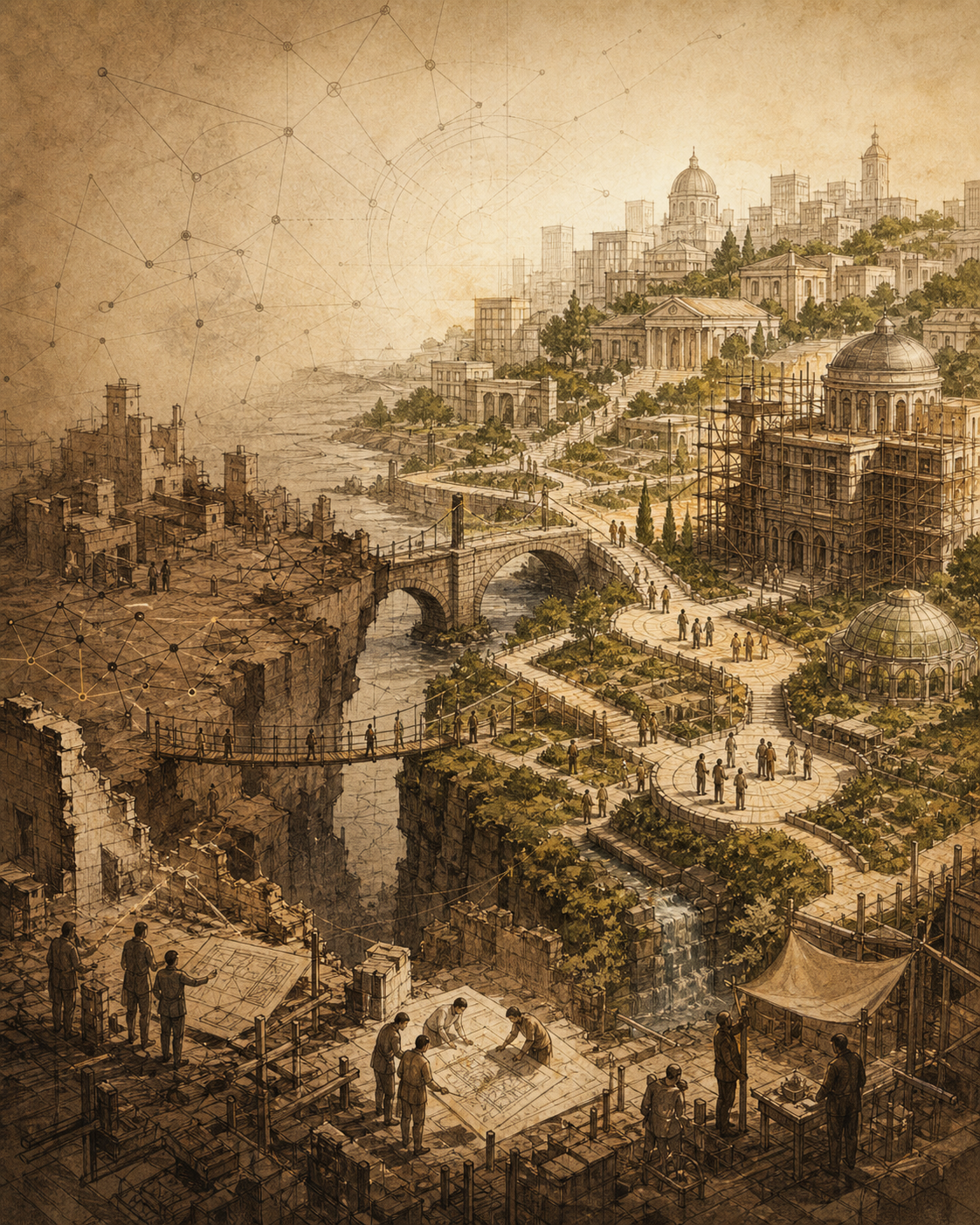 Hand-drawn civic landscape transforming from fragile conditions into a more cooperative and carefully built future