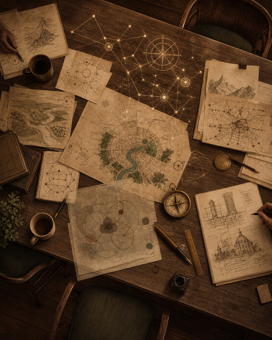 Hand-drawn strategy table with maps, diagrams, compass, papers, and connected patterns of thought