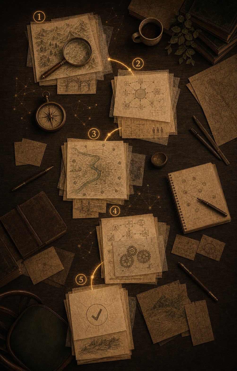 Hand-drawn coffee-toned process table showing connected stages from problem diagnosis to a practical next move